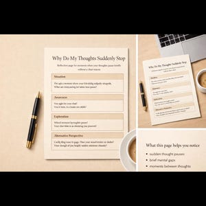 May include: A printed page titled "Why Do My Thoughts Suddenly Stop" with sections for Situation, Awareness, Exploration, and Alternative Perspective. A pen and a cup of coffee are next to the page. The page helps notice sudden thought pauses.