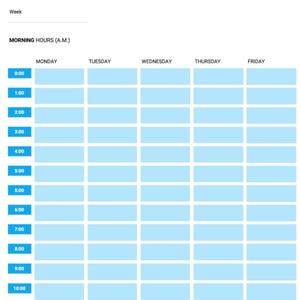 Könnte beinhalten: Ein 5-Tage-Wochenplaner mit blauem und weißem Rasterlayout. Der Planer enthält Zeitfenster von 0:00 bis 12:00 Uhr, mit Abschnitten für Montag bis Freitag. Das Clockify-Logo befindet sich oben.