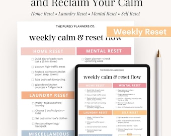 May include: A digital planner on a tablet with a white stylus. The planner's screen displays a weekly calm and reset flow, with sections for home, laundry, mental, and self-care tasks. The text "Organize the Chaos and Reclaim Your Calm" is at the top.
