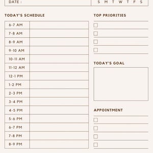 Könnte beinhalten: Ein beigefarbener Tagesplaner mit dem Text "DAILY PLANNER" oben. Der Planer enthält Abschnitte für Datum, Zeitplan, oberste Prioritäten, Tagesziel und Termine. Er hat ein schlichtes, minimalistisches Design.