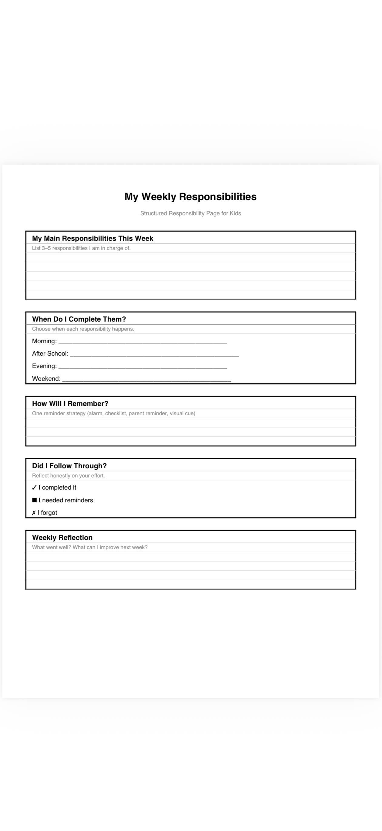Printable Routine Responsiblity Chat Weekly Responsibilities Chart for Kids – Printable Follow Through ...