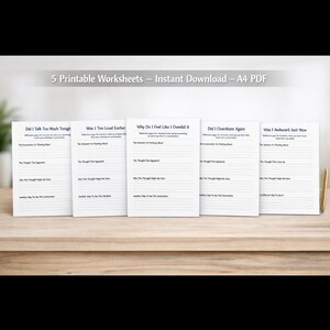 Peut inclure: Cinq feuilles de travail imprimables, téléchargement instantané au format PDF A4. Les titres incluent "Did I Talk Too Much Tonight", "Was I Too Loud Earlier", et "Why Do I Feel Like I Overdid It".