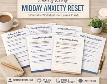 Midday Anxiety Reset Bundle | 5 Printable Worksheets for Stress Relief, Emotional Regulation & Workday Calm