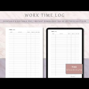 Könnte beinhalten: Ein digitales Arbeitszeitprotokoll, das auf weißem Papier und einem Tablet angezeigt wird. Die Papierversion hat Spalten für Datum, Aktivität, Arbeitsbeginn, Arbeitsende und Gesamtzeit. Die Tablet-Version zeigt das gleiche Layout. Der Text oben lautet "WORK TIME LOG".