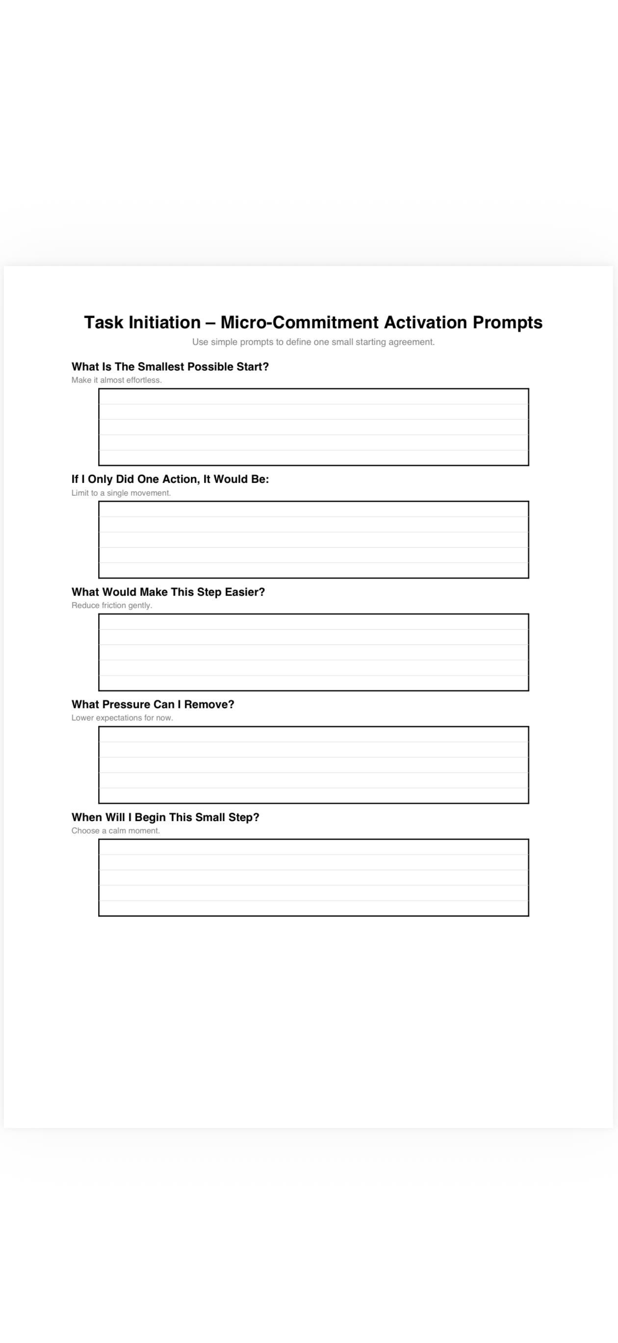 Task Initiation Checklist Task Initiation Worksheet for Neurodivergent Adults | Micro-commitment ...