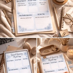 Op de afbeelding: Een spiraalgebonden notitieboek en een tablet met een "Second Guessing Myself Page" met prompts voor zelfreflectie. De pagina bevat secties voor het identificeren van twijfels, feiten en volgende stappen. De afbeelding bevat ook een pen, koffie en briefpapier.