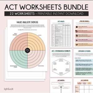 Könnte beinhalten: Ein Bundle von 22 druckbaren ACT-Arbeitsblättern. Die Arbeitsblätter umfassen Übungen wie eine Werte-Bullseye-Übung, ACT-Werte und mehr. Der Titel "ACT WORKSHEETS BUNDLE" wird oben angezeigt.