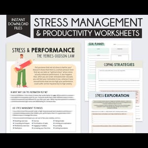 Könnte beinhalten: Digitaler Download von "Stressmanagement & Produktivitäts-Arbeitsblättern". Das Bild zeigt Arbeitsblätter zu Stress und Leistung, Bewältigungsstrategien und Stressforschung. Der Text enthält das Yerkes-Dodson-Gesetz und Stressmanagement-Techniken.