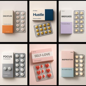 May include: A collection of product packaging for various concepts, including "Discipline," "Hustle," "Mindfulness," "Focus," "Self-Love," and "Inspiration." Each box contains a blister pack of pills with unique designs, such as smiley faces and lightning bolts.