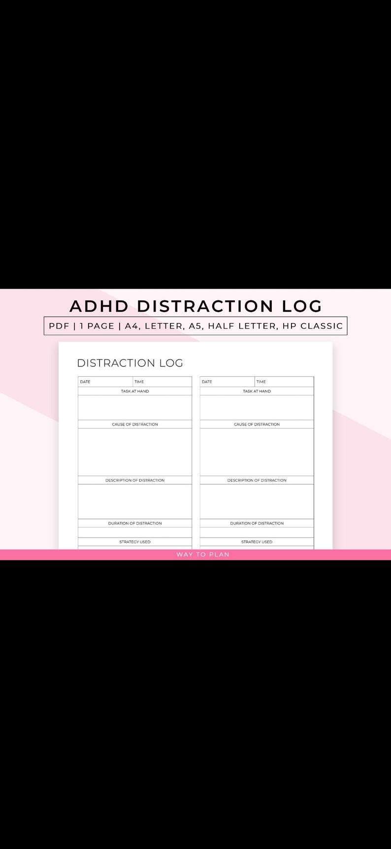 Daily Distraction Log Printable One Page Focus Productivity Tracker ...