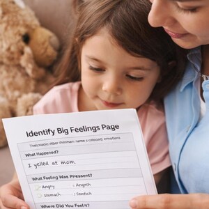 Könnte beinhalten: Ein junges Mädchen und eine Erwachsene betrachten ein weißes Blatt mit der Aufschrift "Identify Big Feelings Page". Das Blatt enthält Abschnitte zum Ausfüllen über Emotionen. Ein Teddybär ist im Hintergrund zu sehen.