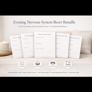 Puede incluir: Un conjunto de cinco hojas de trabajo imprimibles, el "Evening Nervous System Reset Bundle". Los títulos incluyen "Calm Body Before Bed" y "Release Muscle Tension". La imagen también muestra el texto "5 Worksheets" y "Printable PDFs".