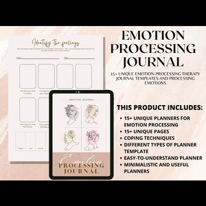 Op de afbeelding: Een Emotion Processing Journal met de titel "Emotion Processing Journal". De afbeelding bevat een tablet met journaalsjablonen en een lijst met functies, waaronder planners, pagina's en coping-technieken.