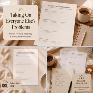 Könnte beinhalten: Ein druckbares PDF-Arbeitsblatt mit dem Titel Taking On Everyone Else's Problems, das sich auf die Überwindung von People-Pleasing und emotionale Grenzen konzentriert. Das Dokument enthält Abschnitte für Reflexion, emotionale und körperliche Reaktionen.