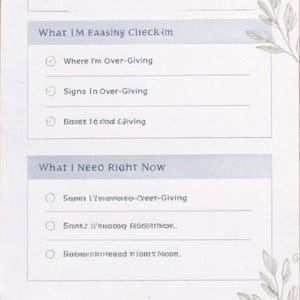 May include: A light-colored paper with the title "People Pleasing" and the subtitle "Oveck Reset". The paper includes checklists with questions about over-giving and needs. Decorative leaf illustrations are in the upper right corner.