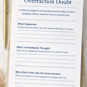 Puede incluir: Una página de diario titulada "Duda de la reacción exagerada" con indicaciones para la autorreflexión. Un bolígrafo dorado y una taza de café están junto al diario. La página incluye indicaciones para describir la situación, los pensamientos y los sentimientos.