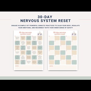Könnte beinhalten: Zwei druckbare Anleitungen mit dem Titel "30-DAY NERVOUS SYSTEM RESET". Die Anleitungen verfügen über ein Rasterlayout mit Text und Illustrationen, die dazu dienen, Emotionen zu regulieren und sich wieder mit einem Gefühl der Sicherheit zu verbinden. Das Farbschema umfasst Beige, Grün und Weiß.