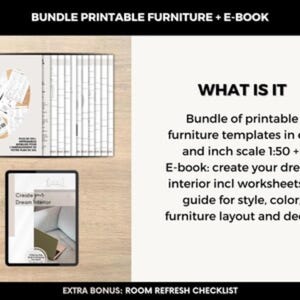 Könnte beinhalten: Ein digitales Produktpaket mit druckbaren Möbelvorlagen und einem E-Book. Das Bild zeigt ein Tablet mit Innenraumdesign-Konzepten, zusammen mit einem Raster und einem Grundriss. Der Text enthält "Create Your Dream Interior".