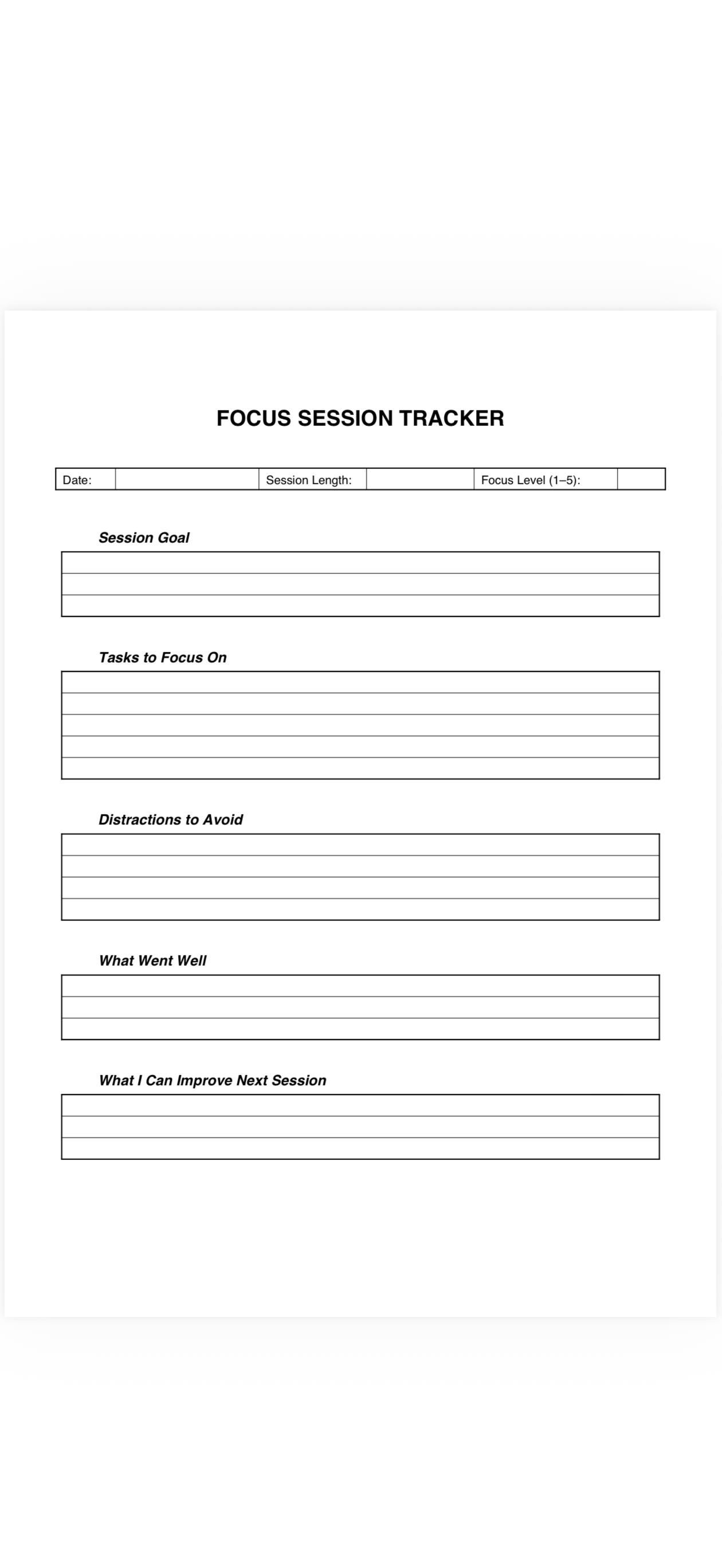 Focus Session Tracker Printable One Page Deep Work Planner Productivity ...