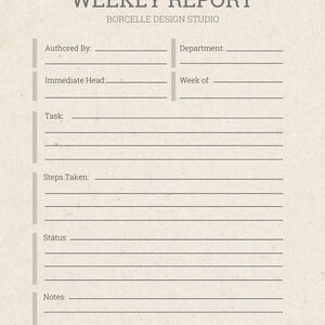 Könnte beinhalten: Eine beige Vorlage für einen Wochenbericht mit dem Text "WEEKLY REPORT" und "BORCELLE DESIGN STUDIO". Das Formular enthält Felder für Autor, Abteilung, Aufgabe, durchgeführte Schritte, Status und Notizen.