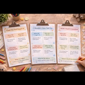May include: Three clipboard-style worksheets with prompts for self-reflection. The titles are "I Said Yes And Regret It", "I Shouldn't Have Said Yes", and "I Wish I Hadn't Committed". Each has sections for listing thoughts and feelings.