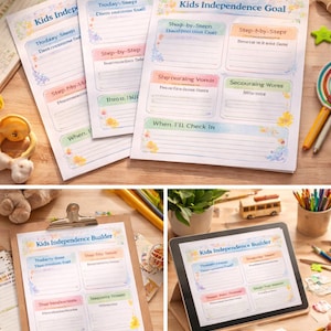 Könnte beinhalten: Eine Sammlung farbenfroher Kids Independence Builder und Goal Arbeitsblätter. Die Arbeitsblätter enthalten Abschnitte für tägliche Aufgaben, Schritt-für-Schritt-Anleitungen und Zielverfolgung. Der Text enthält Sätze wie "Today's Snept" und "Step-by-Step".