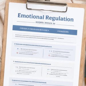 Könnte beinhalten: Ein Klemmbrett mit einem Dokument mit dem Titel "Emotional Regulation" und Text. Das Bild enthält eine kleine Schale mit goldenen Büroklammern, eine Brille und eine Tasse Kaffee. Der Hintergrund ist neutral.