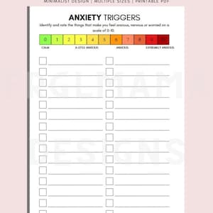 Könnte beinhalten: Ein druckbares PDF mit dem Titel "Angstauslöser" in minimalistischem Design. Die Tabelle enthält eine Skala von 0 bis 10 zur Bewertung von Gefühlen, mit Bezeichnungen von "Ruhig" bis "Extrem ängstlich". Es gibt Kästchen zum Auflisten von Auslösern.