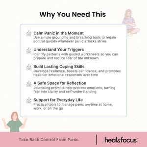 May include: A graphic with the text "Why You Need This" and bullet points describing tools to manage panic attacks. The text includes "Calm Panic in the Moment" and "Take Back Control From Panic."