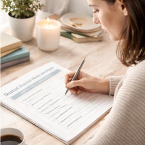 Pode incluir: Uma pessoa escrevendo em uma lista de verificação intitulada "Declaração de Visão Focada em Odontologia" com uma caneta. Uma vela acesa, uma xícara de café e uma pequena planta em vaso estão na mesa de madeira. O texto diz: Encontre calma e foco quando sua mente estiver sobrecarregada!