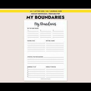 Könnte beinhalten: Eine druckbare PDF-Journalseite mit dem Titel "My Boundaries" in einer handschriftlichen Schriftart. Die Seite enthält Abschnitte für Kernwerte, persönlichen Freiraum, emotionales Teilen und das Setzen von Grenzen. Die Seite ist für A4-Format konzipiert.