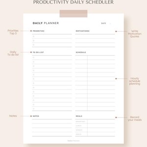 Könnte beinhalten: Ein weißer Tagesplaner mit Abschnitten für Prioritäten, To-Do-Listen und Terminplanung. Er enthält Platz zum Schreiben von Motivationszitaten und zum Aufzeichnen von Mahlzeiten. Der Planer ist für die stündliche Planung konzipiert.