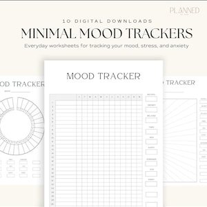 Könnte beinhalten: Digitaler Download von minimalistischen Stimmungstrackern. Das Bild zeigt drei Arbeitsblätter mit dem Text "MINIMAL MOOD TRACKERS" und "MOOD TRACKER". Die Arbeitsblätter dienen zur Verfolgung von Stimmung, Stress und Angst.