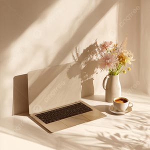 Könnte beinhalten: Ein Laptop, eine Tasse Kaffee und eine Vase mit Blumen stehen auf einer weißen Oberfläche. Der Laptop ist geöffnet, und der Kaffee befindet sich in einer weißen Tasse auf einer Untertasse. Die Blumen sind in einer weißen Vase. Die Szene wird von Sonnenlicht beleuchtet.