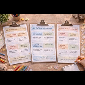 Könnte beinhalten: Drei Arbeitsblätter mit Aufforderungen zur Selbstreflexion, an Klemmbrettern befestigt. Die Titel lauten "Warum bin ich grundlos gereizt", "Warum mag ich es nicht, unterbrochen zu werden" und "Warum bin ich heute leicht verärgert".