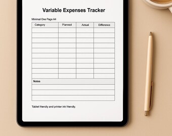 Könnte beinhalten: Ein digitales Tablet zeigt eine Vorlage für einen "Variablen Ausgaben-Tracker". Die Vorlage enthält Abschnitte für Kategorie, geplant, tatsächlich und Differenz, mit einem Notizenbereich. Ein Stift und eine Tasse Kaffee liegen neben dem Tablet. Der Text lautet "Tablet-freundlich und druckerfreundlich."