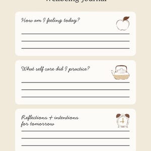 May include: A beige journal page with the text "Mental Health Awareness Week Wellbeing Journal." It includes prompts: "How am I feeling today?", "What self care did I practice?", and "Reflections + intentions for tomorrow." The journal has illustrations of an apple, teapot, and alarm clock.