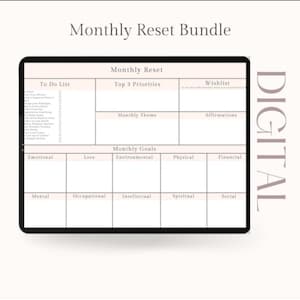 Könnte beinhalten: Digitaler Planer mit dem Titel "Monthly Reset Bundle". Der Planer enthält Abschnitte für To-Do-Listen, Prioritäten, Ziele und Affirmationen. Das Design ist minimalistisch mit einem hellrosa und weißen Farbschema. Das Wort "DIGITAL" ist vertikal geschrieben.