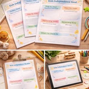 Könnte beinhalten: Eine Sammlung farbenfroher Arbeitsblätter "Kids Independence Builder" und "Kids Independence Goal". Die Arbeitsblätter haben Abschnitte für tägliche Aufgaben, Schritt-für-Schritt-Anleitungen und Zielverfolgung. Das Bild enthält auch einen Klemmbrett, ein Tablet und Buntstifte.