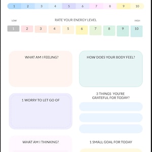 May include: A white and black morning check-in journal page with prompts to rate sleep and energy levels, and space to write about feelings, gratitude, and goals. The title "MY MORNING CHECK IN" is at the top.