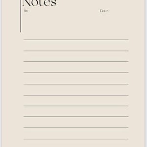 Könnte beinhalten: Ein beigefarbener Notizblock mit dem Wort "Notes" oben. Der Notizblock hat Abschnitte für "Re:" und "Date:" und ist zum Schreiben liniert. Das Design ist minimalistisch und elegant.