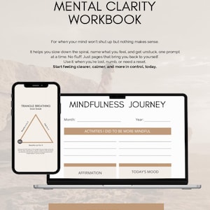 Può includere: Un quaderno di lavoro digitale intitolato "Break the Loop: Mental Clarity Workbook" con uno smartphone e un laptop che mostrano esercizi di consapevolezza. Il laptop mostra un modello "Mindfulness Journey". Lo smartphone mostra un esercizio di respirazione triangolare.