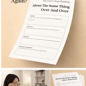 Könnte beinhalten: Ein Arbeitsblatt mit dem Titel „Warum kann ich nicht aufhören, über dasselbe immer und immer wieder nachzudenken“ mit Abschnitten für Situation, Bewusstsein, Erkundung und alternative Perspektive. Das Wort „Wieder?“ steht oben links.