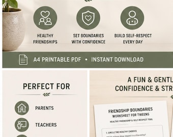 Può includere: Un foglio di lavoro stampabile in formato A4 intitolato Friendship Boundaries for Tweens, che funge da strumento per amicizie sane e rispetto di sé. Il documento include sezioni per cerchiare scelte sane e valutare i sentimenti con delle stelle.