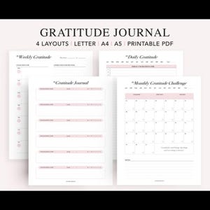 Könnte beinhalten: Druckbares PDF-Dankbarkeitstagebuch mit vier Layouts, einschließlich wöchentlicher, täglicher und monatlicher Dankbarkeitsseiten. Erhältlich in den Größen Letter, A4 und A5. Die Seiten haben ein minimalistisches Design mit rosa Akzenten.