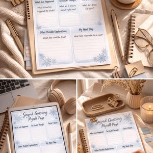Op de afbeelding: Een spiraalgebonden notitieboek en een tablet met een "Second Guessing Myself Page" met prompts voor zelfreflectie. De pagina bevat secties voor het identificeren van twijfels, feiten en volgende stappen. De afbeelding bevat ook een kopje koffie, pennen en briefpapier.