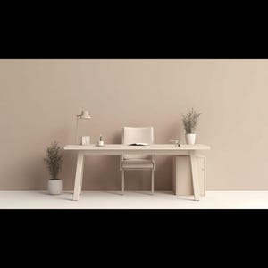 Könnte beinhalten: Ein minimalistisches Büro-Setup mit einem hellen Holzschreibtisch, Stuhl und kleinem Schrank. Eine Schreibtischlampe, ein Stift und eine kleine Pflanze befinden sich auf dem Schreibtisch. Zwei Topfpflanzen flankieren den Schreibtisch. Die Wände sind neutral beige.