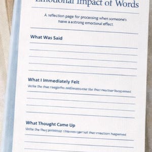 Könnte beinhalten: Eine Journalseite mit dem Titel "Emotionale Wirkung von Worten" mit Aufforderungen zur Reflexion. Enthält Abschnitte für "Was gesagt wurde", "Was ich sofort fühlte" und "Welcher Gedanke kam auf". Eine kleine weiße Schüssel mit goldenen Büroklammern und eine Tasse Kaffee sind ebenfalls sichtbar.