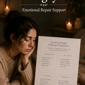 Könnte beinhalten: Eine Frau betrachtet ein "Emotional Repair Reflection Worksheet". Auf dem Tisch stehen eine Tasse Kaffee und eine Kerze. Der Text auf dem Arbeitsblatt stellt Fragen zu Wut und emotionaler Reparatur.