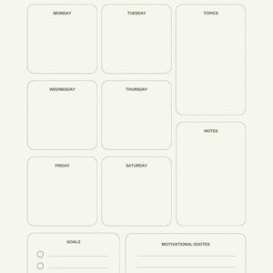 Puede incluir: Un planificador de estudio color crema con un diseño minimalista. El planificador incluye secciones para cada día de la semana, temas, notas, objetivos y citas motivacionales. El título "Study Planner" está en la parte superior.